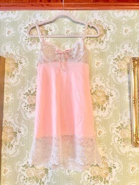 Vintage Von Raalt Pink Lace Slip Dress Small Sheer Lingerie Nightgown USA